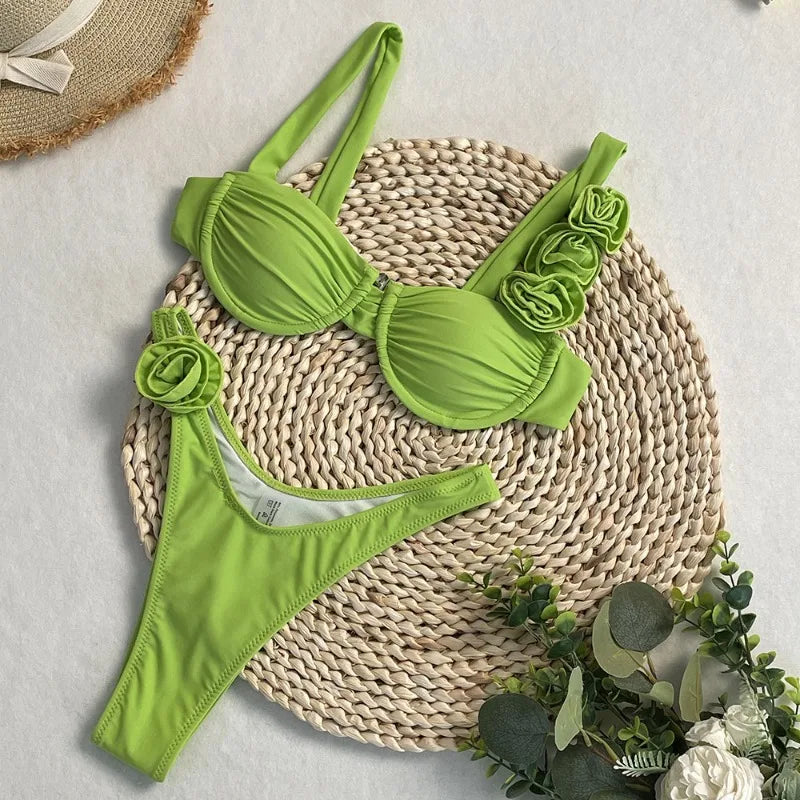 Style Flower Bikinis Women's 2 Piece 3D Rose Bikini Set High Cut Cheeky Swimsuit Floral Appliques Bathing Suit