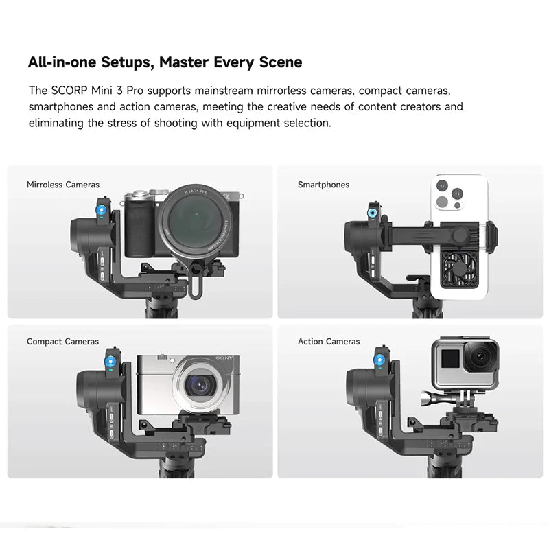 FeiyuTech SCORP Mini-3 Kit All-in-One Gimbal with Built-in AI Smart Tracking 2.0kg load, for Mirrorless Action Camera Smartphone