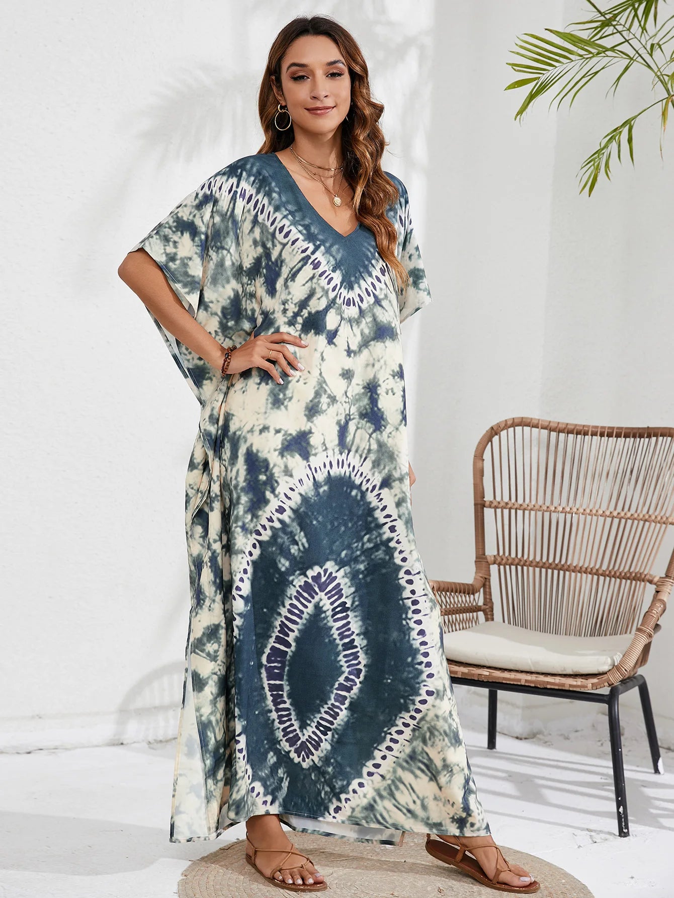 Kaftan Dresses for Women Plus Size Tie Dye Batwing Sleeve Caftans Swimsuit Coverup Maxi Dress Loungewear