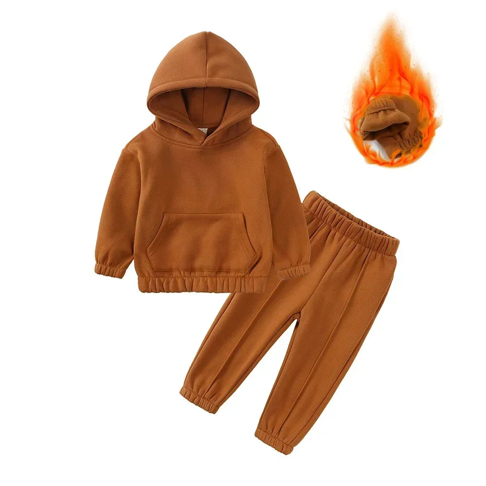 Children Fleece Winter Outfit Toddler Cotton Solid Hoodies Pullover Sweatshirt Pants Tracksuit Set Kids Boy Girl Warm Sweatsuits