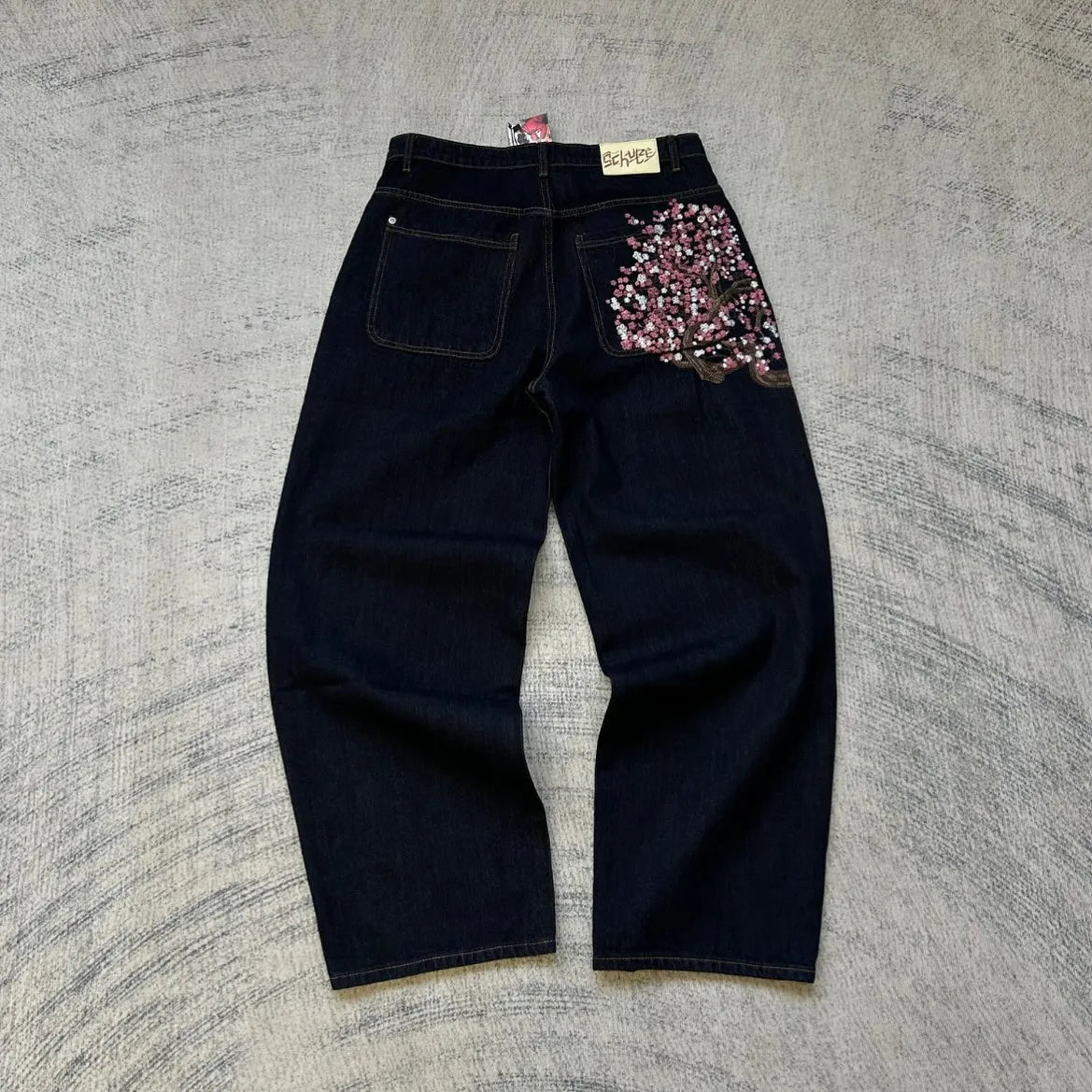 Hip Hop Cherry Blossom Embroidered Jeans Vintage Low Waist Wide Leg Trousers Y2K Clothes Mens Womes Embroidered Baggy Jeans