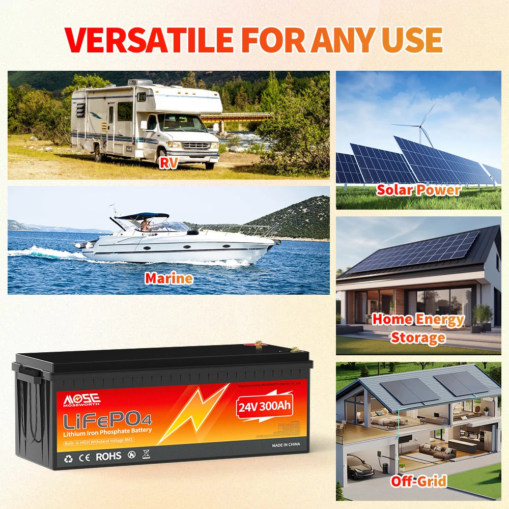 MOSEWORTH 24V 300AH LiFePO4 Battery 7680Wh Rechargeable Lithium Battery with 200A BMS 15000+ Cycles for RV Marine Backup Power