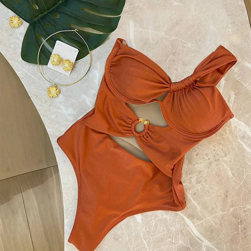 European and American One-shoulder Twisted Swimsuit One-piece Bikini Steel Support Gathered Hollow Metal Buckle Solid Color