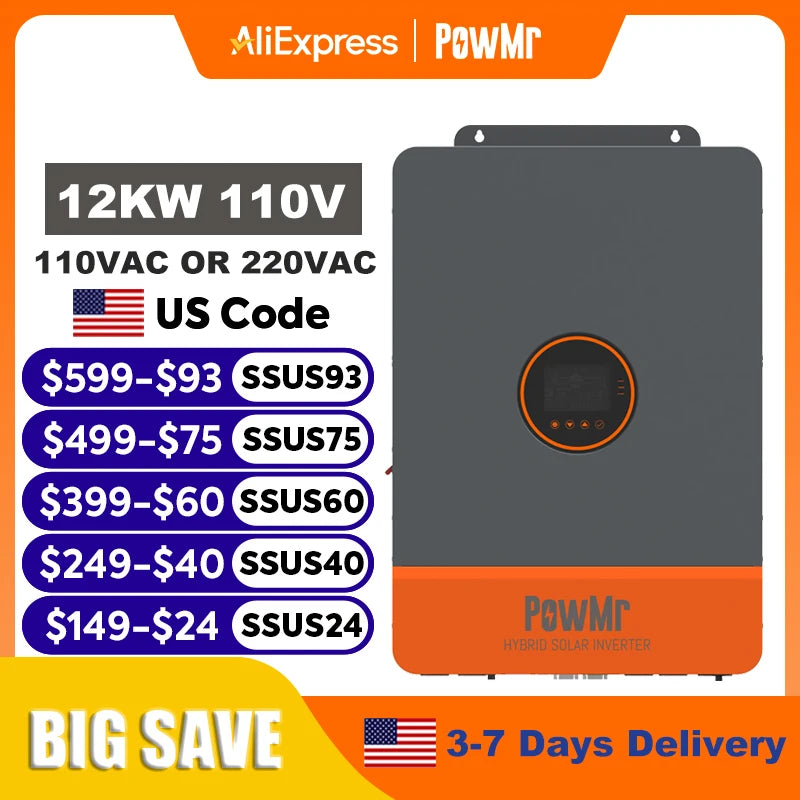 PowMr 12KW 10KW Split Phase Inverter 48V 110V or 220V Hybrid Solar Inverter Dual MPPT Output Off Grid with MPPT 200A Charger