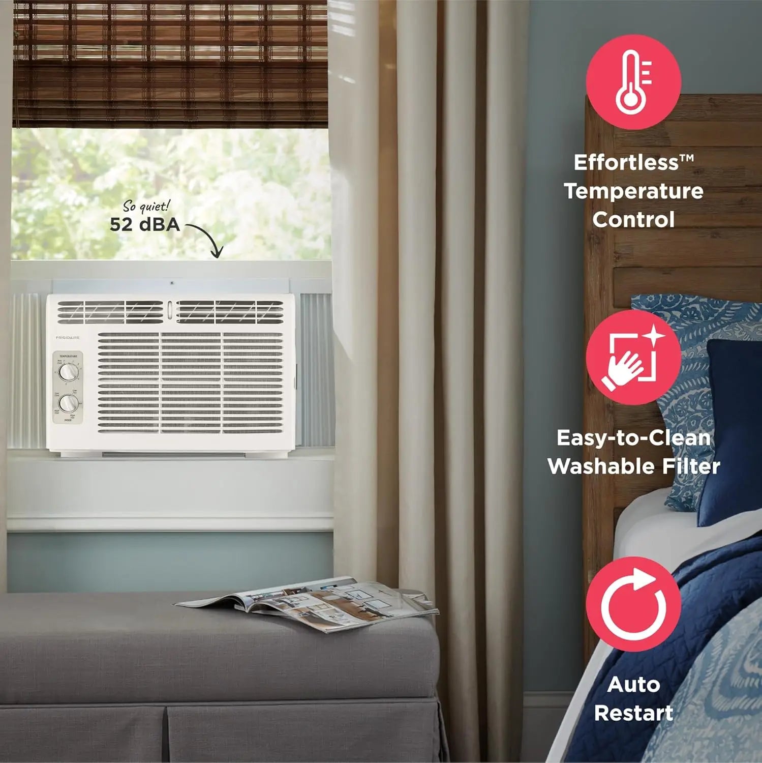 5,000 BTU Window-Mounted Air Conditioner, Cools Up to 250 Sq. Ft., Quiet Operation, Effortless Temperature Control, White