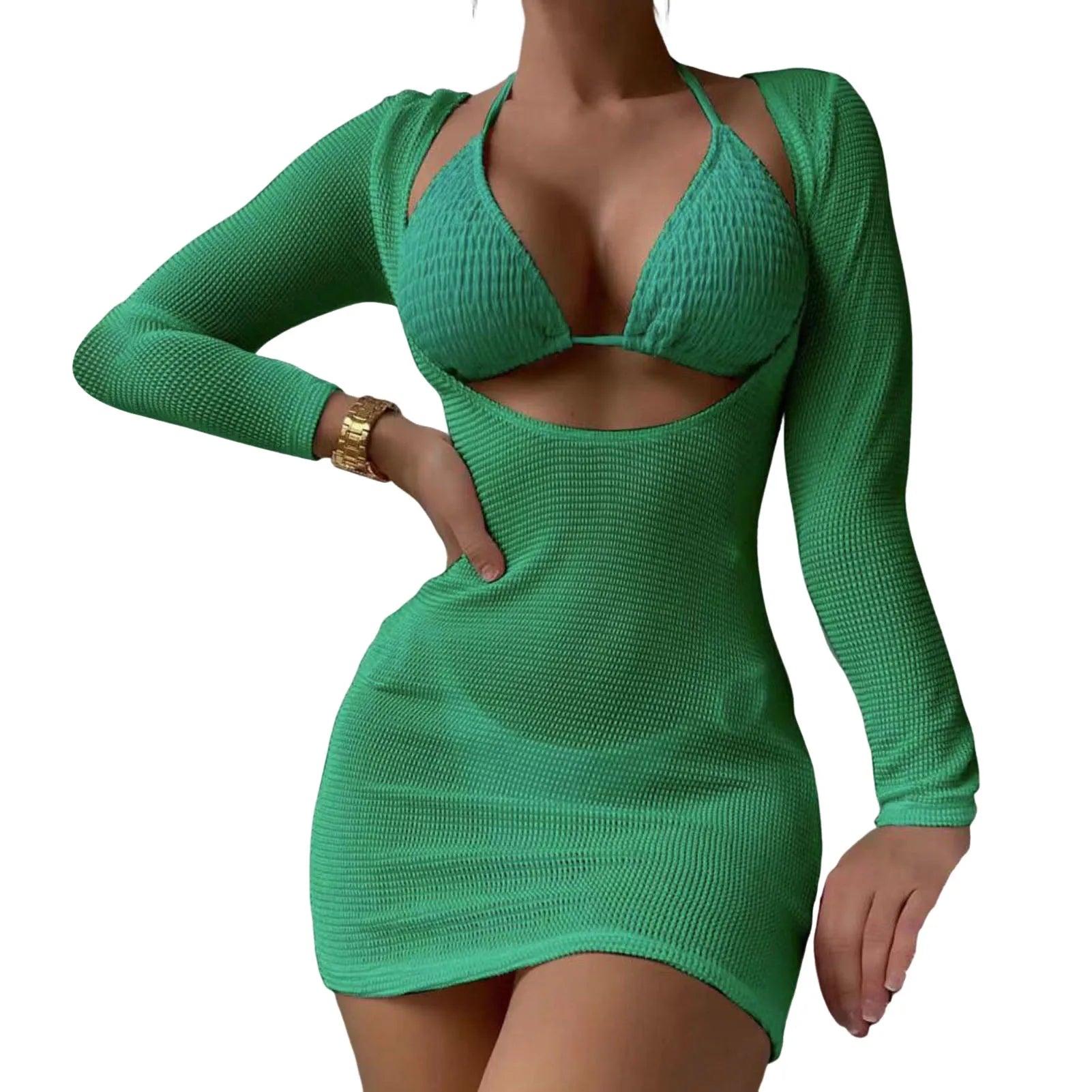 3Pcs/Set Women Bikini Set Halter Bra Lace-up Swimsuit Set With Mesh Yarn Cover Up Dress Solid Color Knitted Swimwear For Women