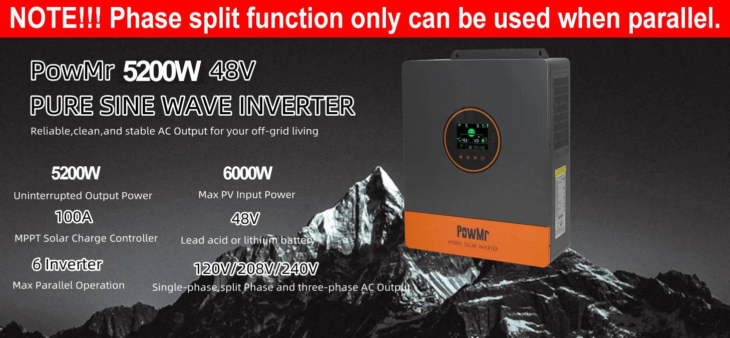PowMr USA 5.2KW 48V 110Vac Hybrid Solar Inverter Can Split Phase 220Vac Output When Parallel Pure Sine Wave MPPT 100A PV 500Vdc