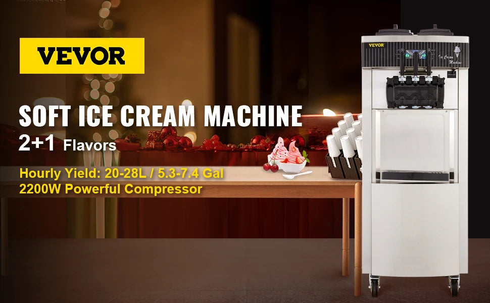 VEVOR Commercial Soft Serve Ice Cream Machine 2200W 20-28L/H - Dual 6L Hoppers for 2 Flavors, Dessert Shops & Bubble Tea Stores