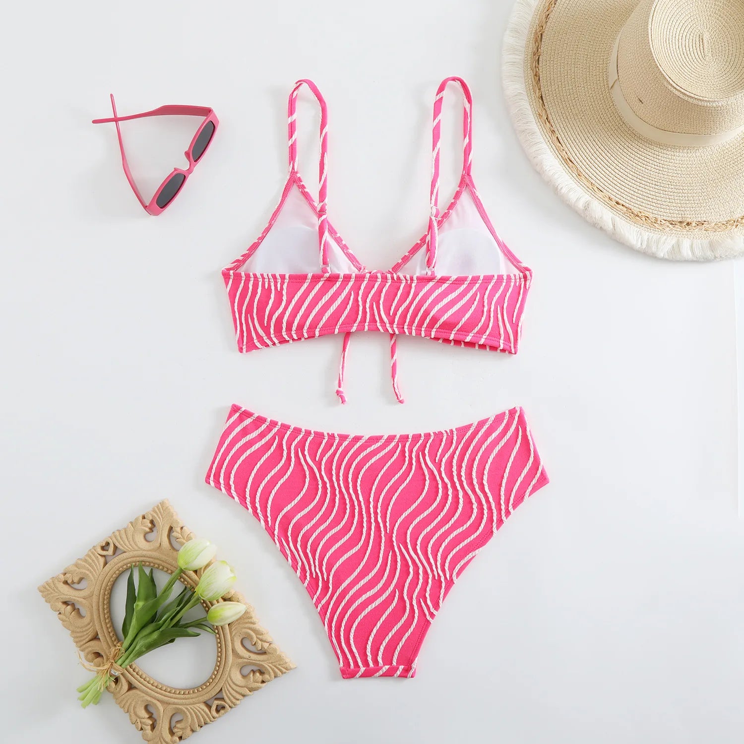 2026 New Women's Bikini Set Stripe Print 2 Pice Swimsuit Drawstring Lace-up V Neck Suspender Backless Beach Vacation Swimwear
