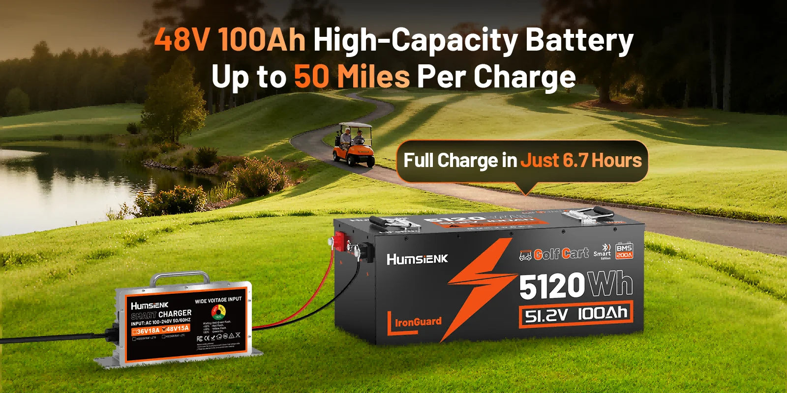 HumsiENK LiFePO4 Battery 48V 100Ah Designed For Golf Cart 200A BMS 5120Wh Smart Bluetooth Monitor With 2-Year Warranty/ UL 1973