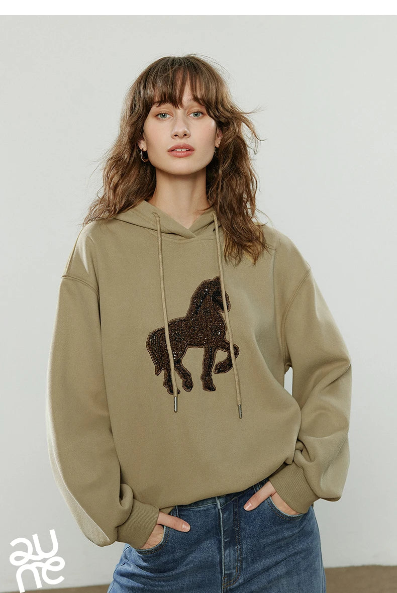 TOYOUTH Women Hoodies 2025 Winter New Loose Crew-neck Warm Applique Embroidery Tops