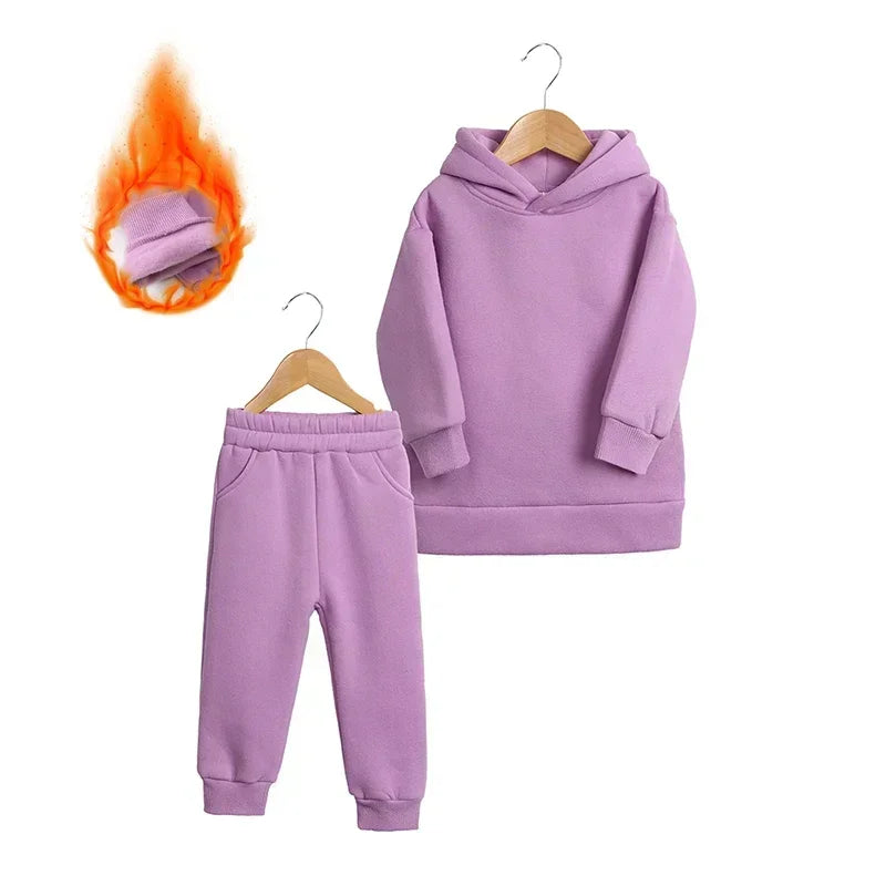 Children Fleece Winter Outfit Toddler Cotton Solid Hoodies Pullover Sweatshirt Pants Tracksuit Set Kids Boy Girl Warm Sweatsuits