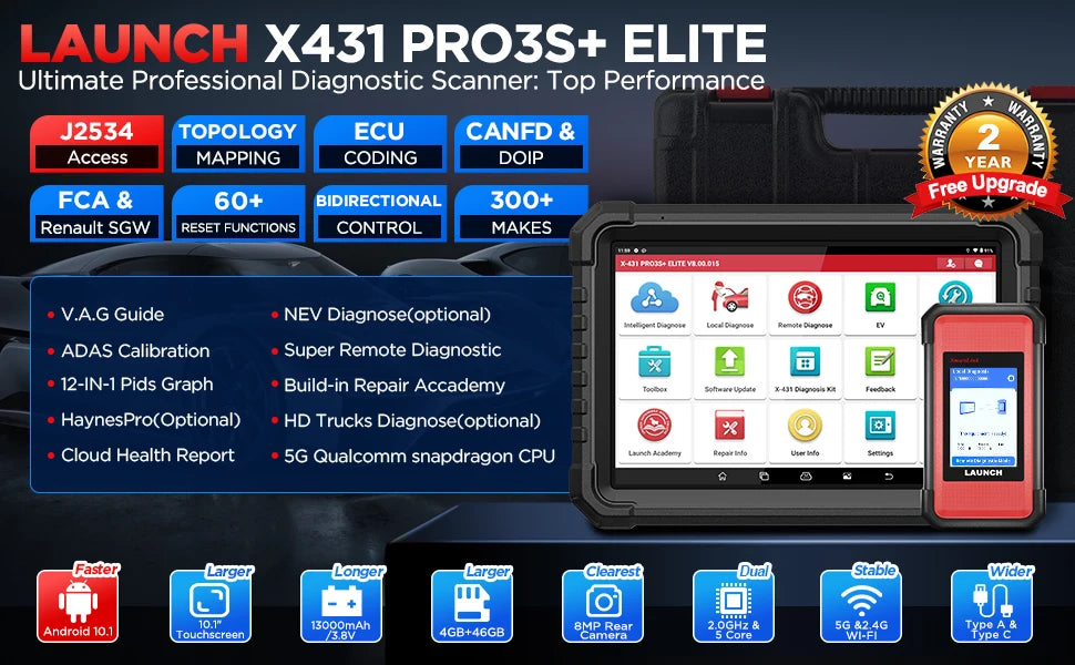 LAUNCH X431 PRO3S+ ELITE Bidirectional Scan Tool J2534 Program All System Diagnostic Scanner Topology All Service Online Coding