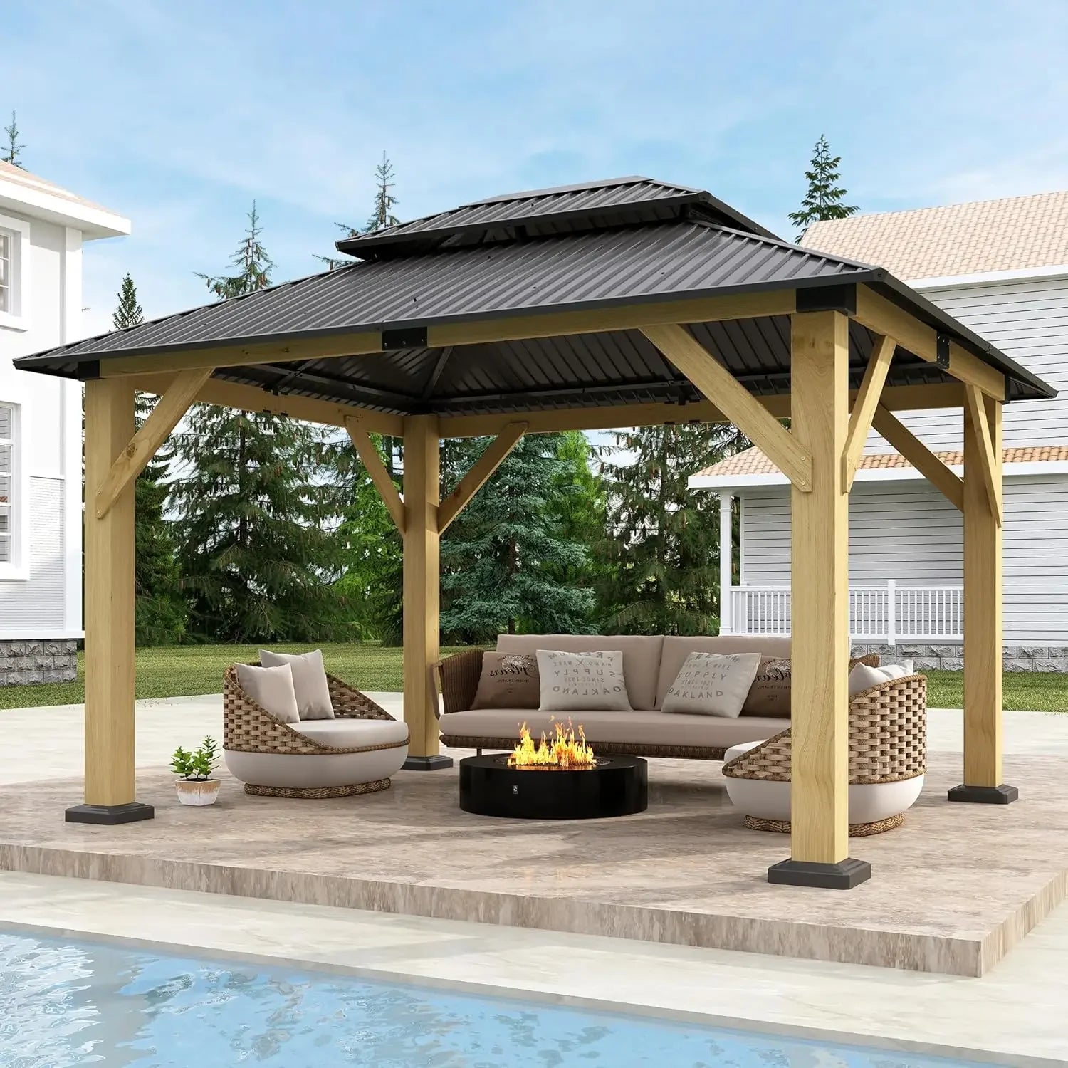 11'x13' Wood Gazebo,Outdoor Hardtop Gazebo with Galvanized Steel Doule Roof, Wooden Frame Gazebos for Patio Backyard Deck