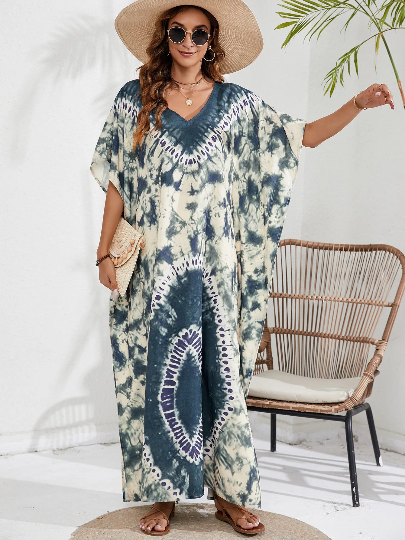 Kaftan Dresses for Women Plus Size Tie Dye Batwing Sleeve Caftans Swimsuit Coverup Maxi Dress Loungewear