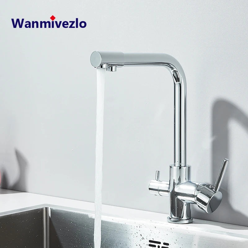Chrome Kitchen Faucet Dual Swivel Spout Drinking Water Filter Brass Purifier Vessel Sink Mixer Tap Hot and Cold Water Torneira