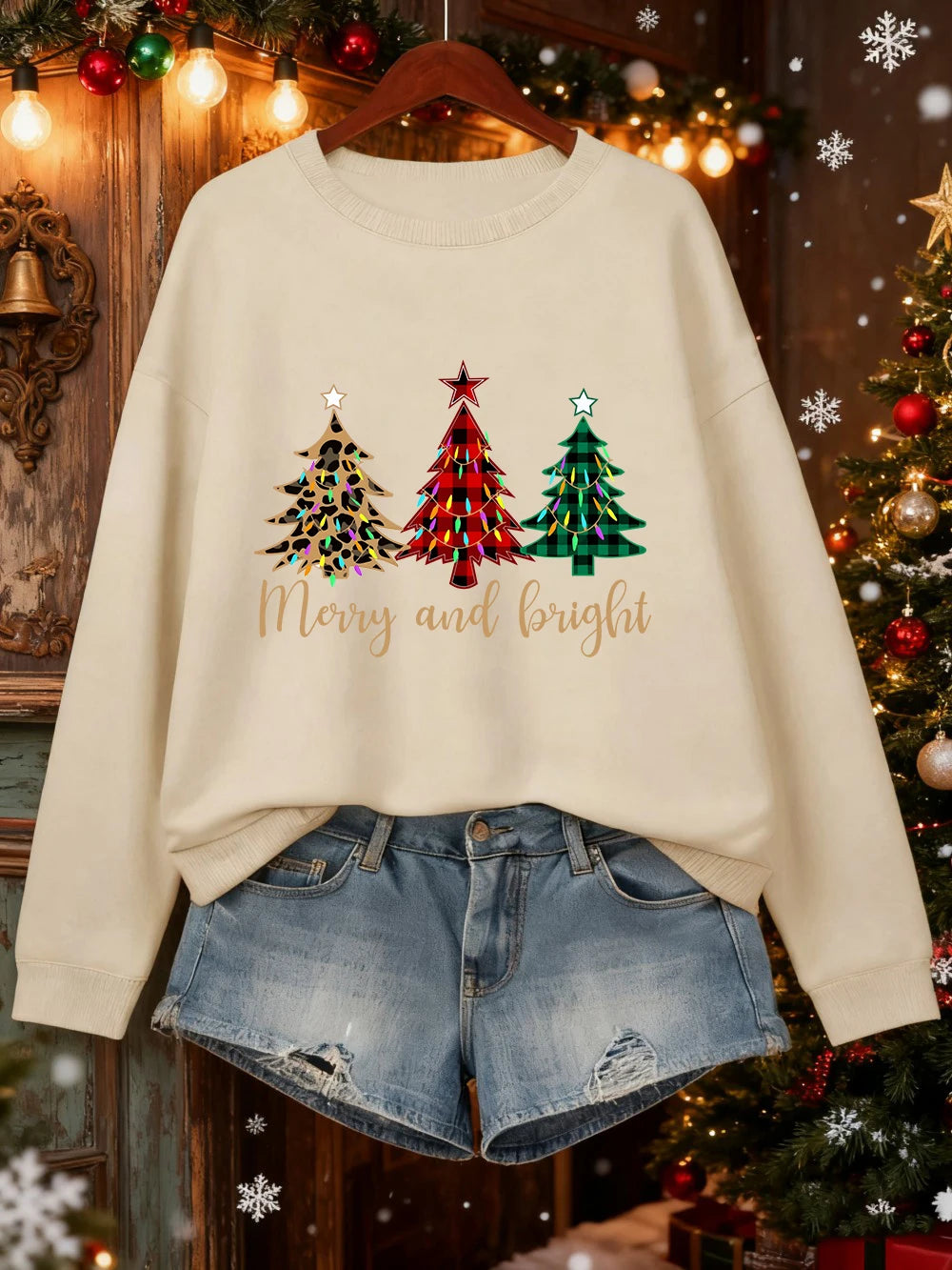 Merry Christma Funny Trees Printing Sweatshirt Women Loose Basics Hoodies Fleece Crewneck Clothes Winter Warm Woman Pullover