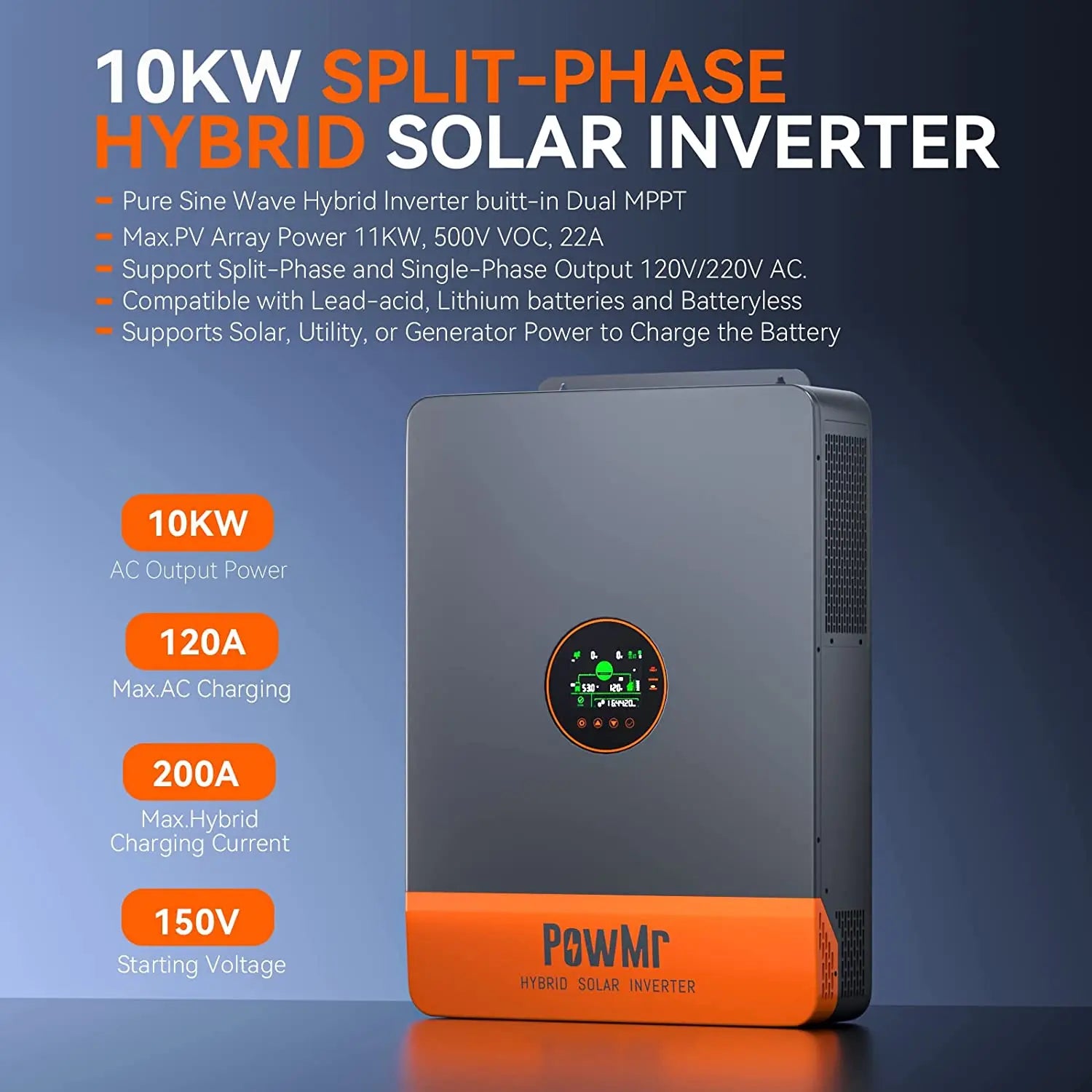 PowMr 2 MPPT 10KW 48V DC to 120V/240V AC Split-Phase Pure Sine Wave Hybrid Inversor With 200A MPPT Solar Charger Max PV 500Vdc