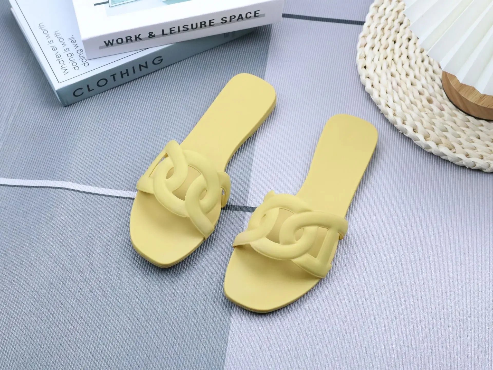 Summer women's one-word sandals daily leisure shopping beach wear flat shoes versatile solid color hollow