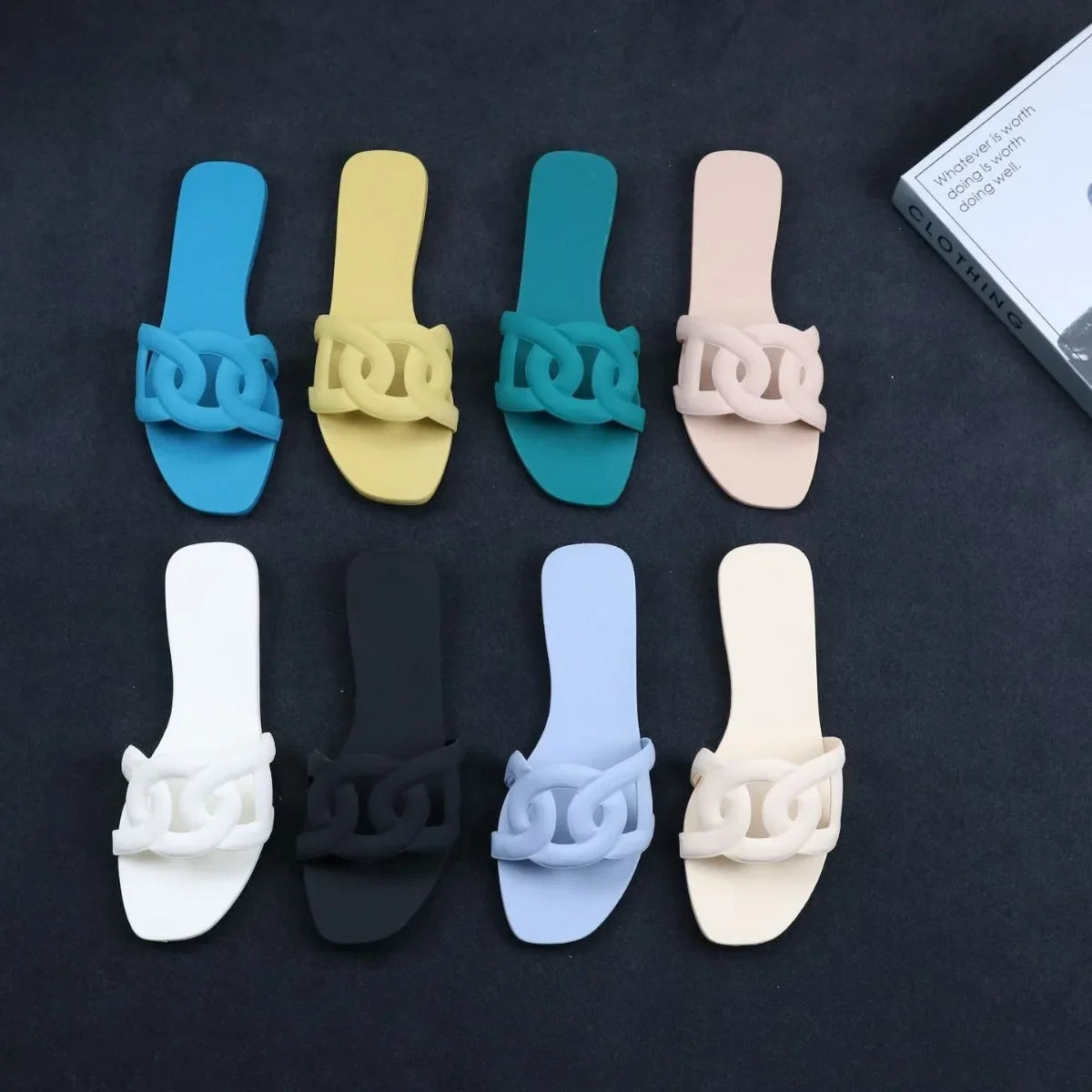 Summer women's one-word sandals daily leisure shopping beach wear flat shoes versatile solid color hollow
