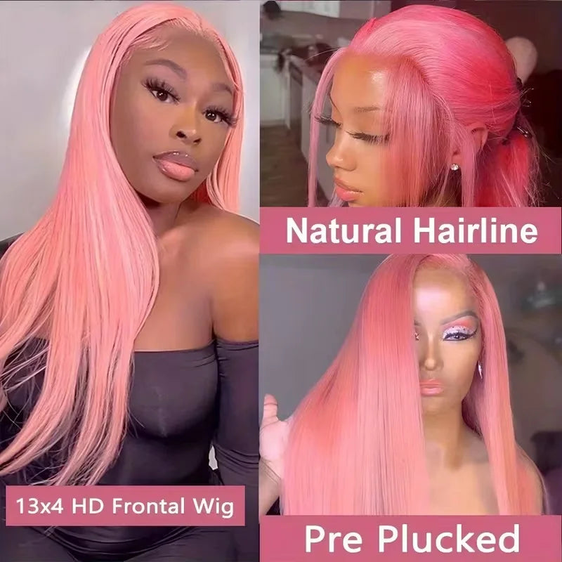 Pink Straight Human Hair Wigs 13X4 13X6 Hd Lace Frontal Wigs 32 36 Inch 220% Density Brazilian Human Hair Preplucked For Women