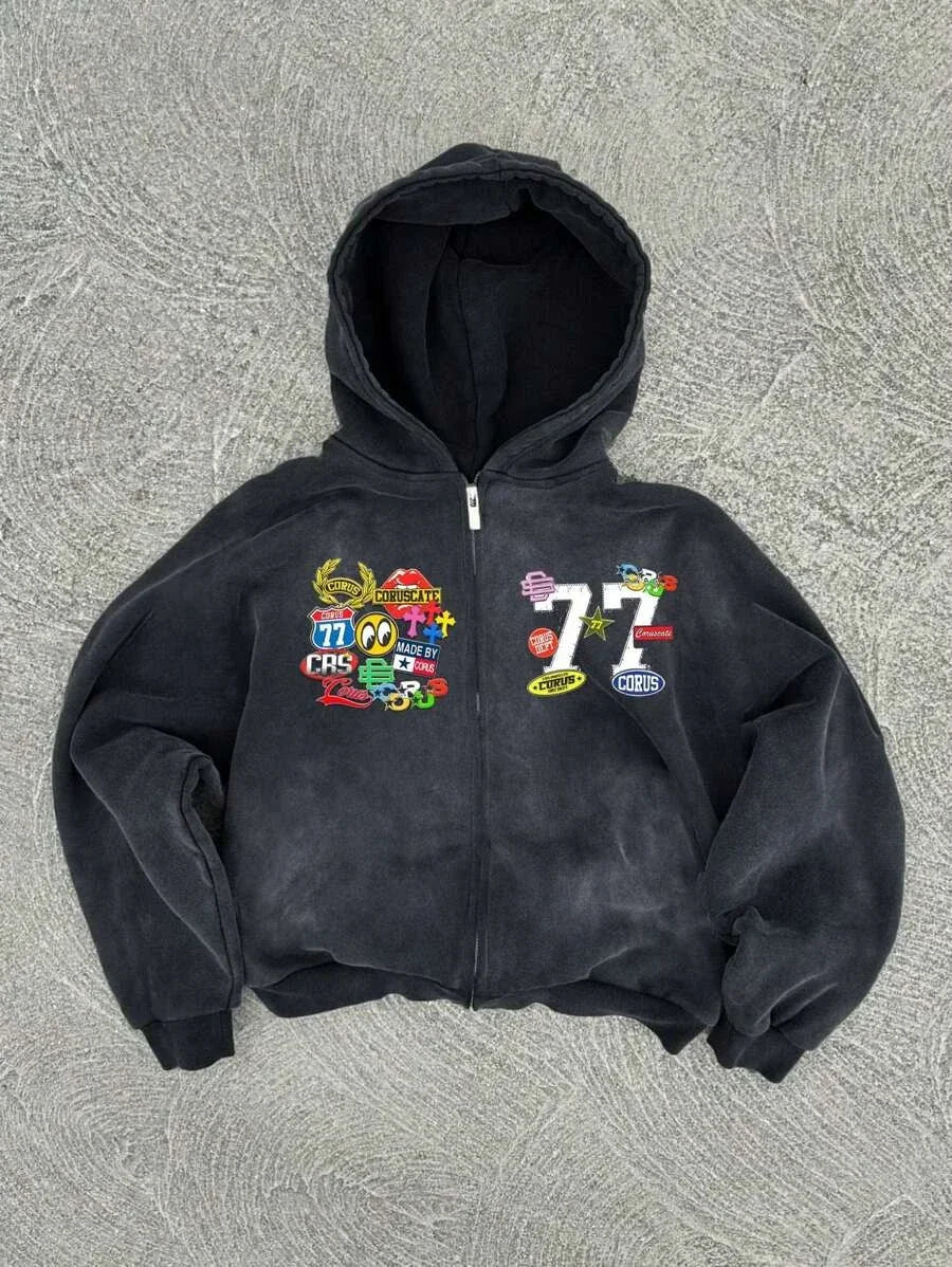 New Y2K Harajuku American Good Luck Pattern Printed hoodie man clothes Vintage Hip Hop Jacket Gothic Style Casual zip up hoodies