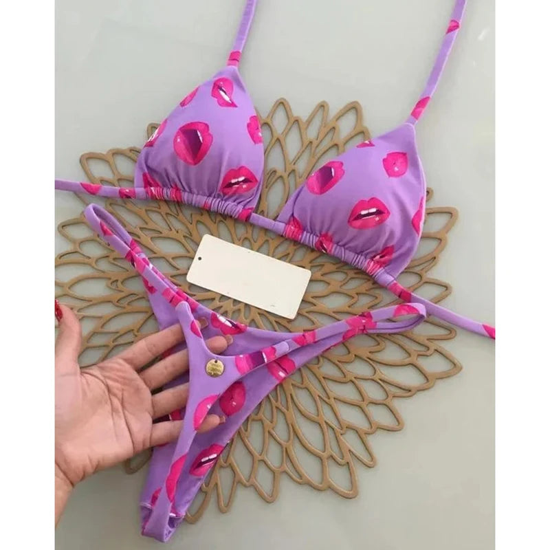 Sexy Bikini Set Bathing Suit Women Vintage Print Halter Lace-up Thongs Bikini Push Up Y2k Fashion Chic Beach Style Sexy Swimsuit