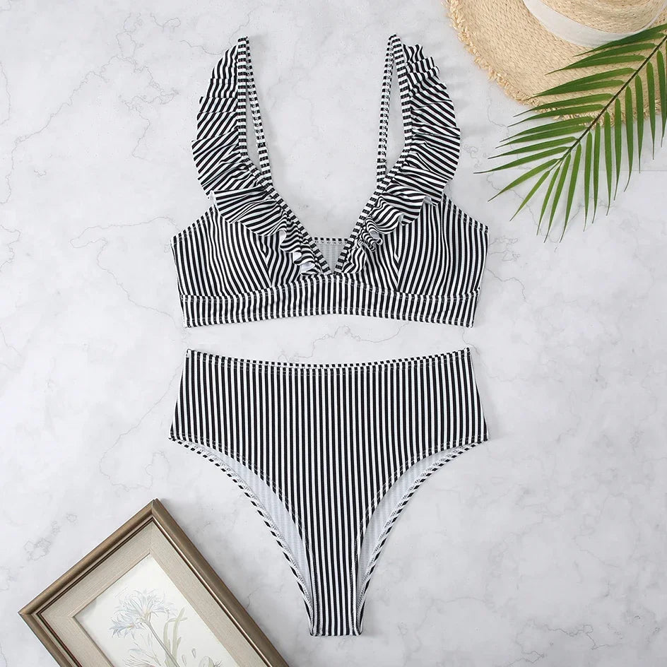Sexy Striped Ruffle Bikini Swimsuit Women 2025 Two-piece Swimwear High Waisted Bikinis Sets Female Bathing Suit Push Up Monokini