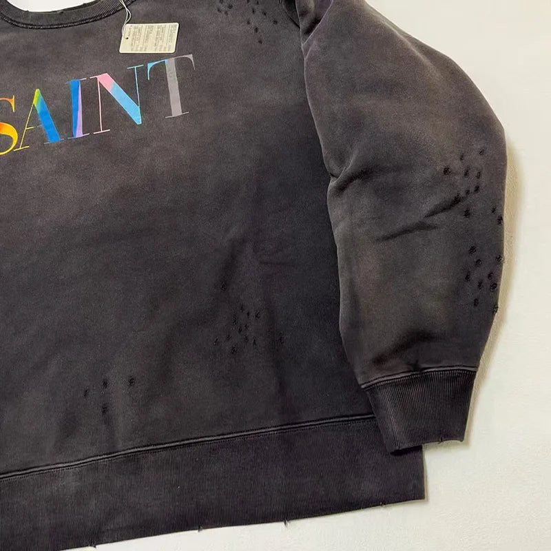 New Letter Print SAINT Hoodies Men Woman Retro Washed Damaged High Street Pullover Sweatshirts Loose Casual Good Quality