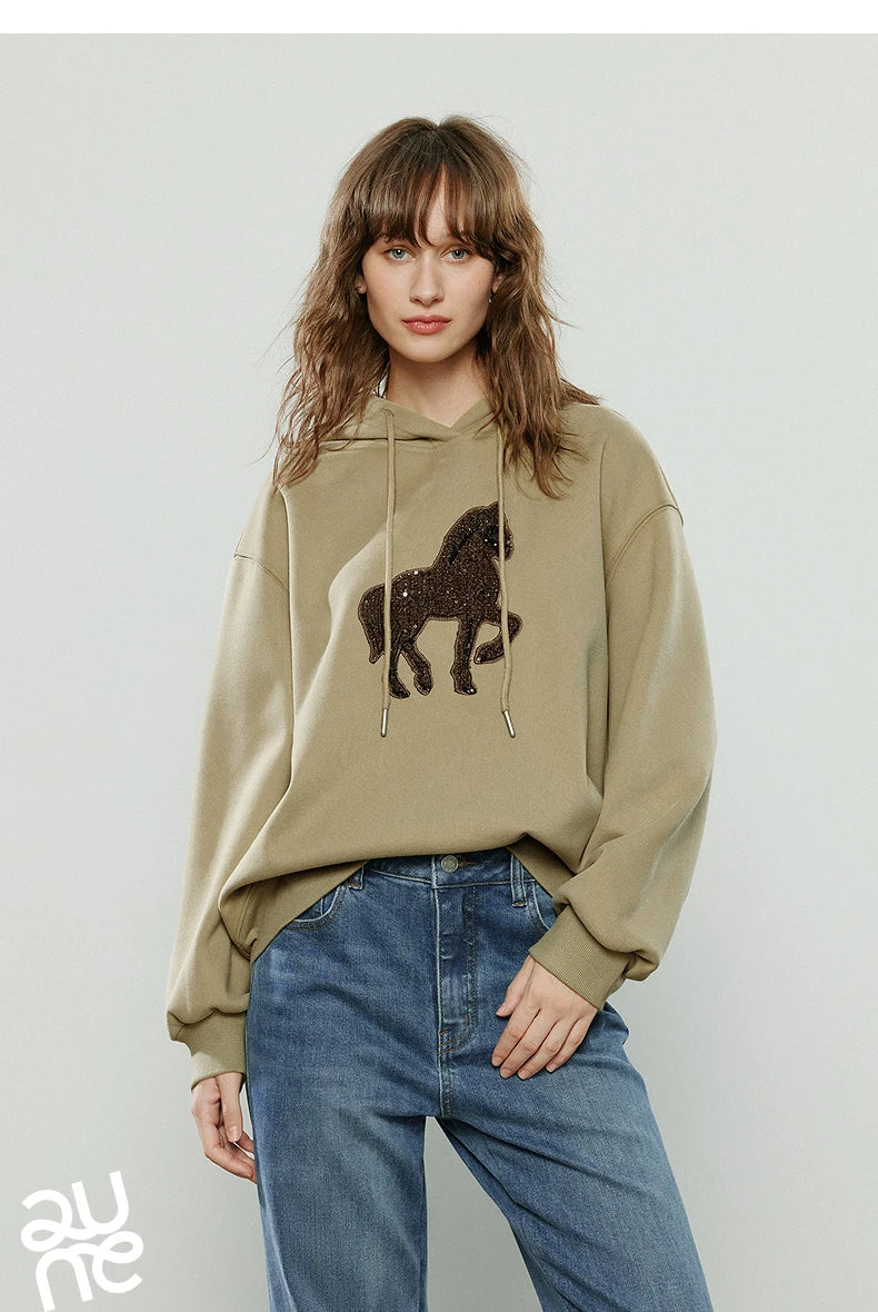 TOYOUTH Women Hoodies 2025 Winter New Loose Crew-neck Warm Applique Embroidery Tops