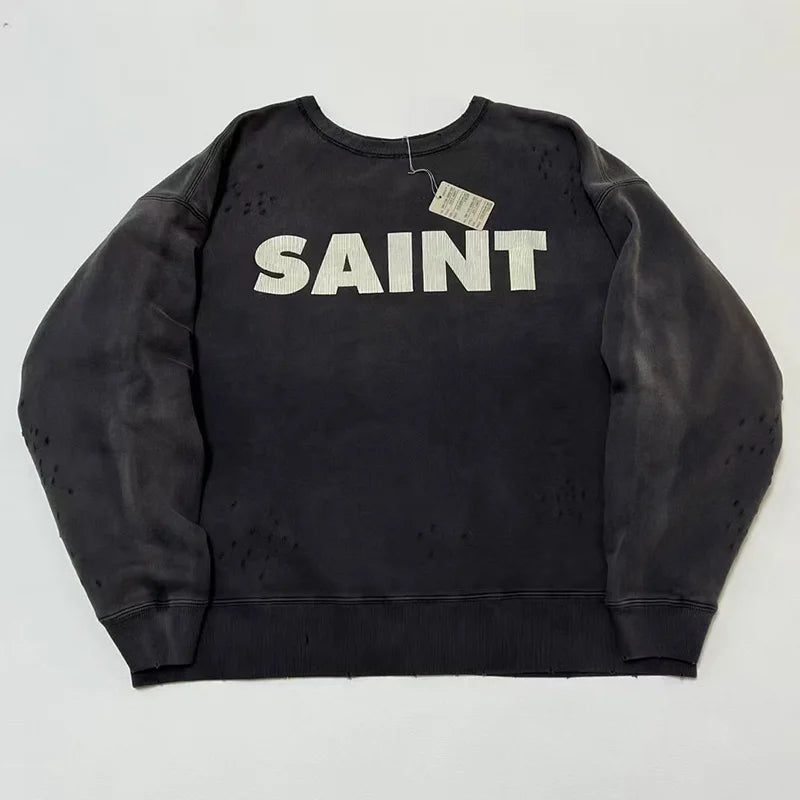 New Letter Print SAINT Hoodies Men Woman Retro Washed Damaged High Street Pullover Sweatshirts Loose Casual Good Quality