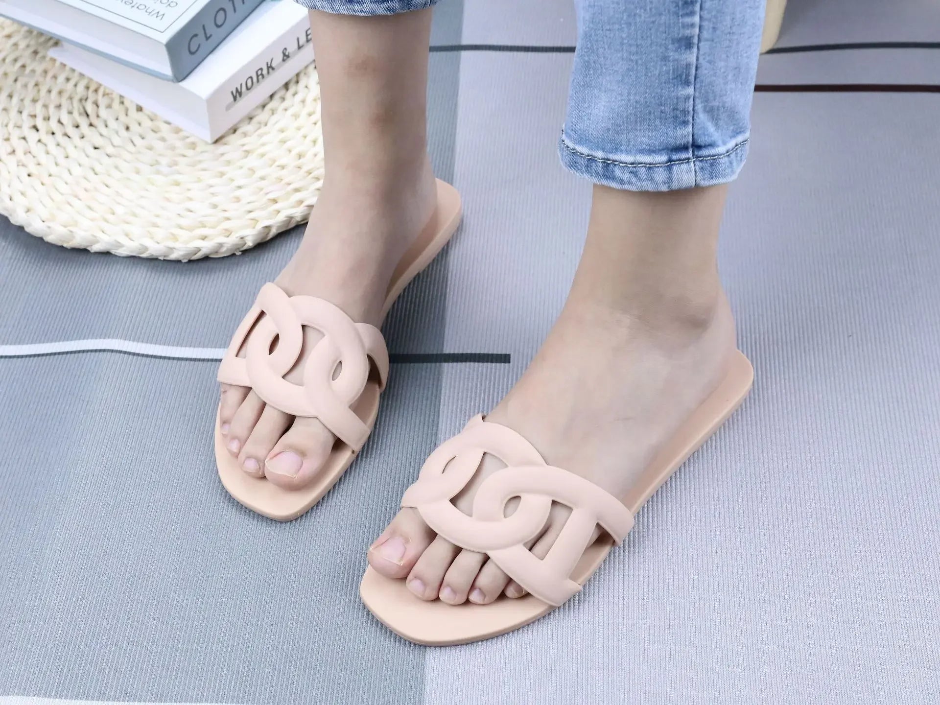 Summer women's one-word sandals daily leisure shopping beach wear flat shoes versatile solid color hollow