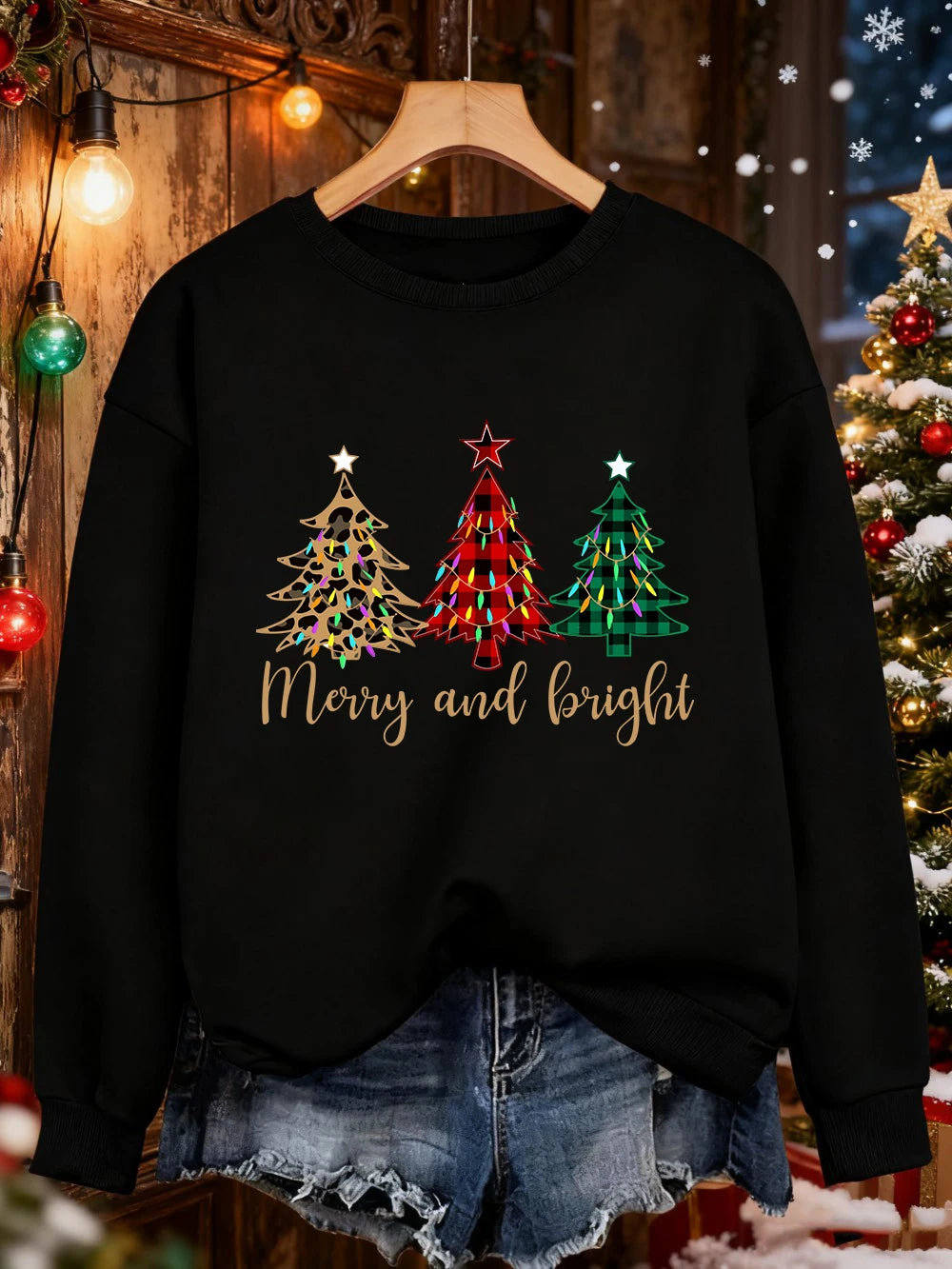 Merry Christma Funny Trees Printing Sweatshirt Women Loose Basics Hoodies Fleece Crewneck Clothes Winter Warm Woman Pullover