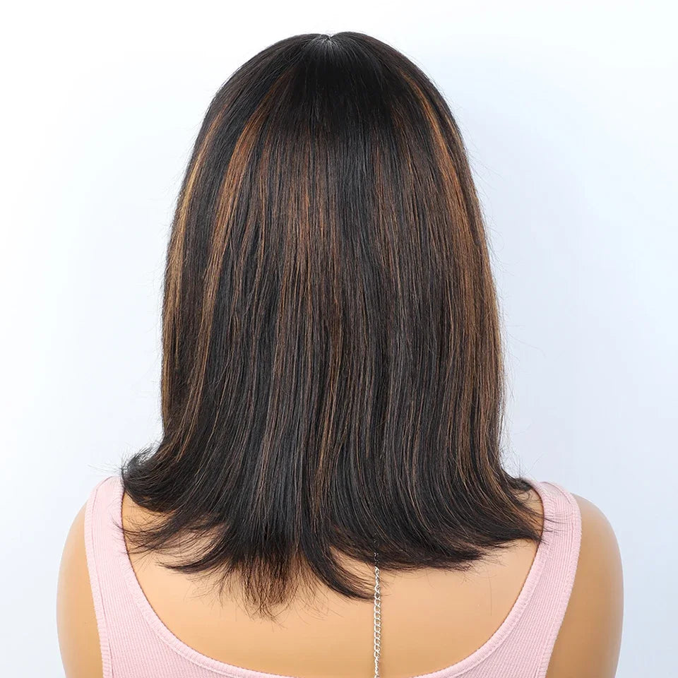 Straight Hair Short Bob Lace Wigs 100% Human Hair Wigs With Bangs #4/27 Natural Brown Middle Part Bob Lace Wigs Realistic Scalp