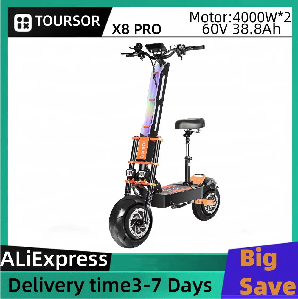 TOURSOR X8 PRO Adults Electric Scooter4000W*2 Dual Motor 60V38.8Ah Battery E-Scooter 13Inch road Tire Foldable EScooter