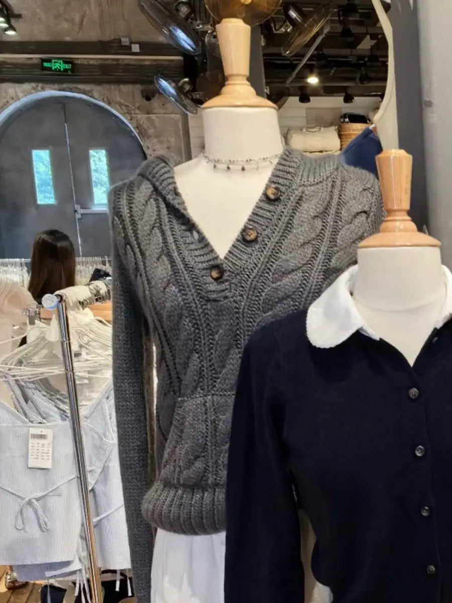 Navy Twist Flower Sweater Cardigan Women Single Breasted Long Sleeve Slim Short Sweaters Autumn Vintage Sweet Knitted Hoodies
