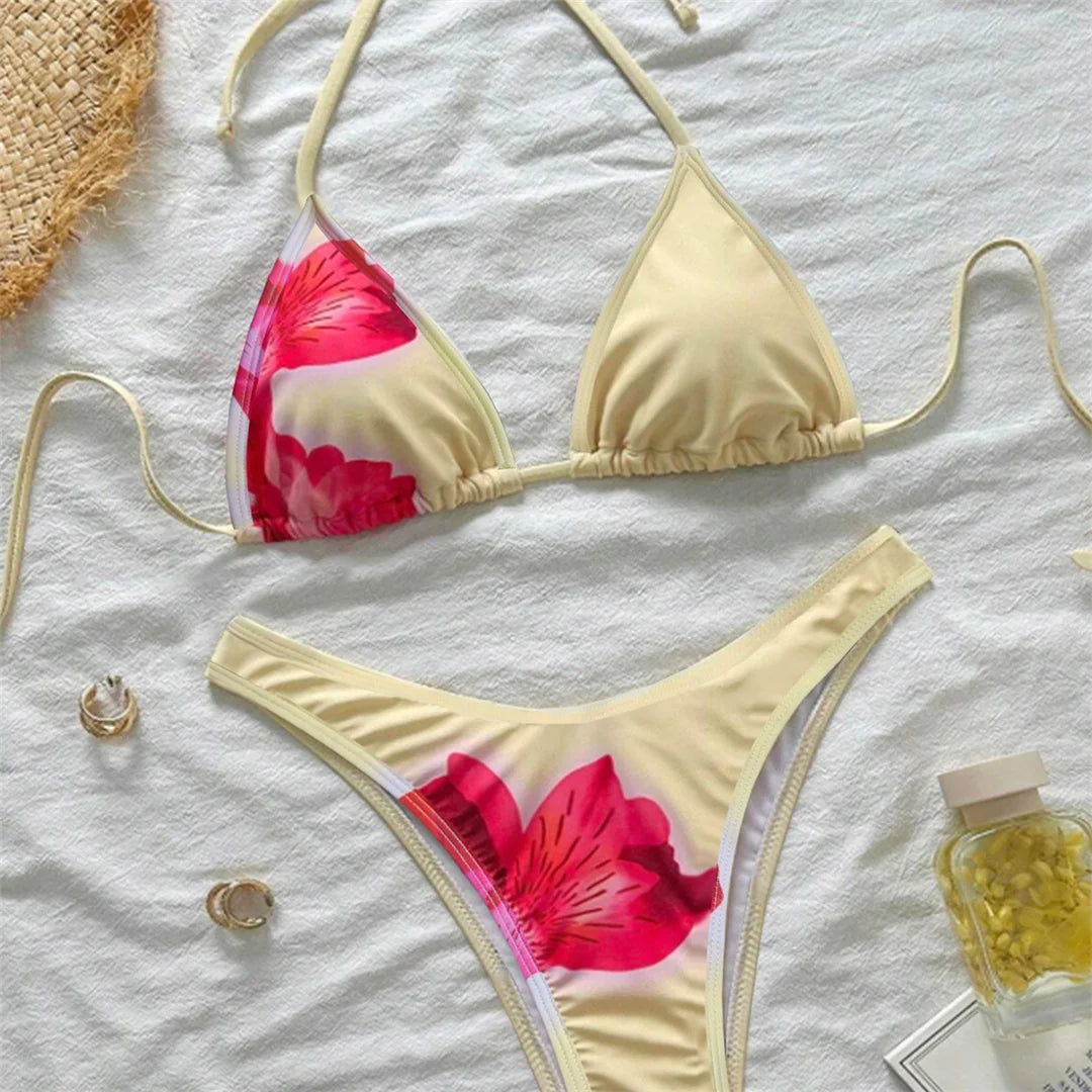 XS - L With Cover Up Flowers Halter Bikini Female Swimsuit Women Swimwear Three-pieces Bikini set Bather Bathing Suit Swim K6800
