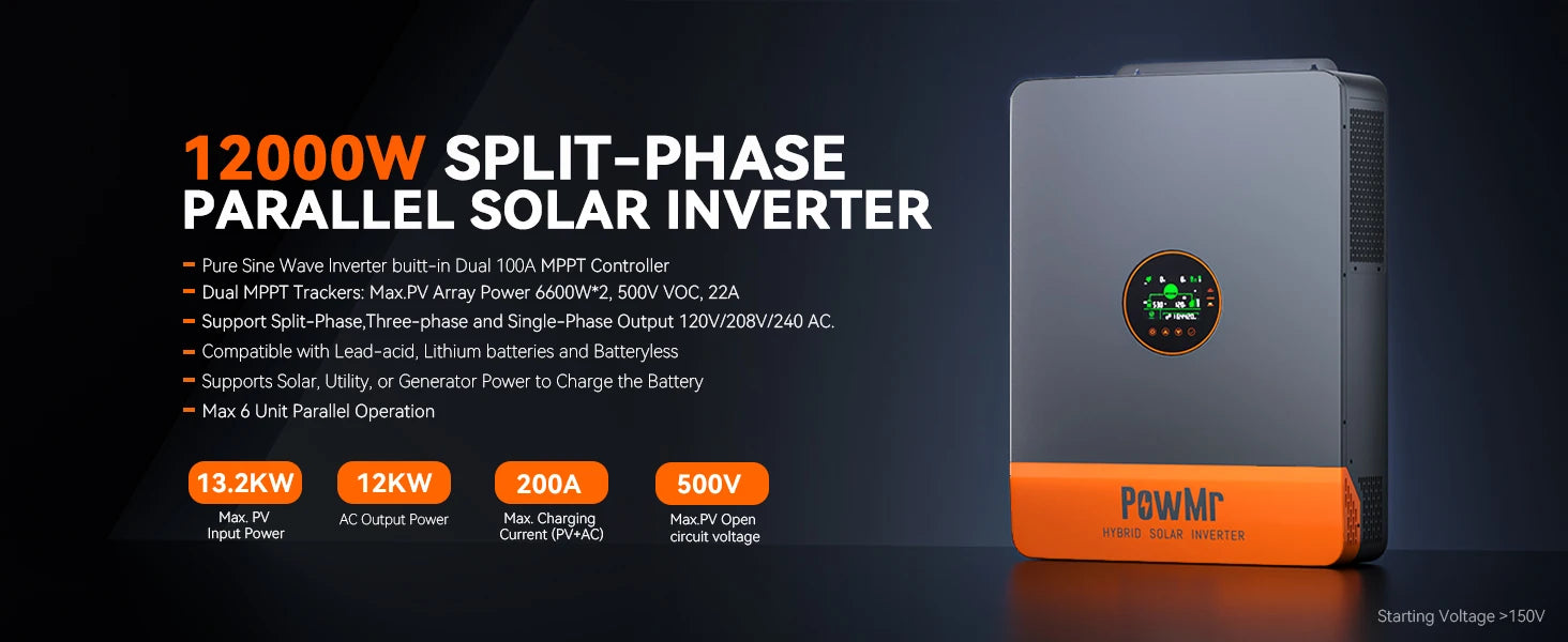 PowMr 12KW 10KW Split Phase Inverter 48V 110V or 220V Hybrid Solar Inverter Dual MPPT Output Off Grid with MPPT 200A Charger