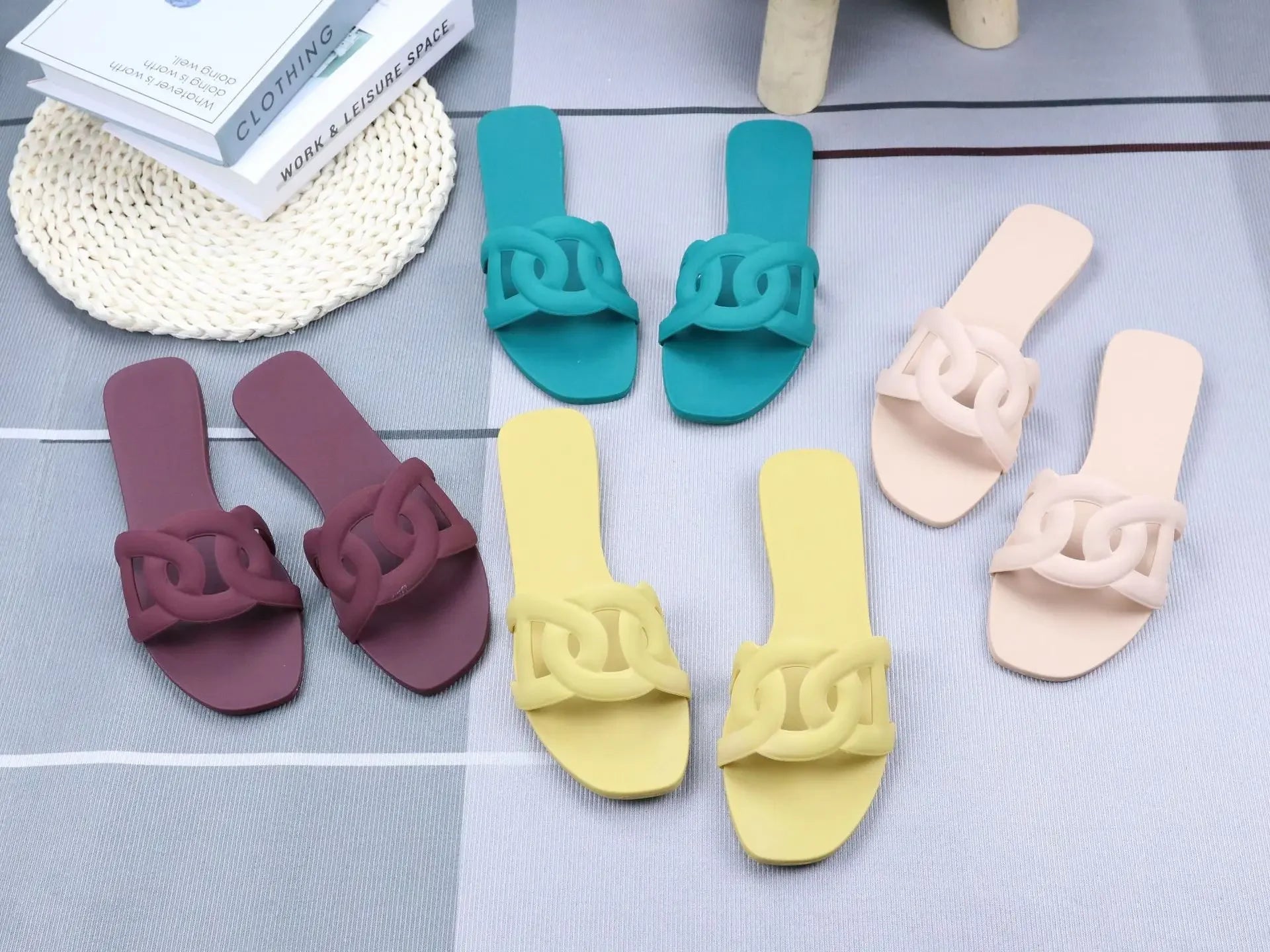 Summer women's one-word sandals daily leisure shopping beach wear flat shoes versatile solid color hollow