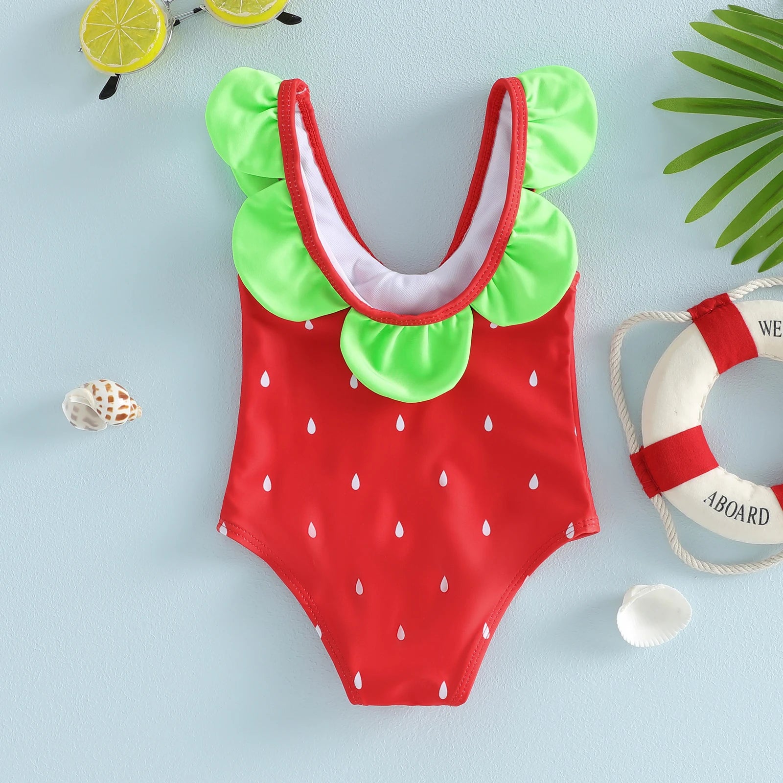 Tregren Toddler Baby Girl Swimsuit Watermelon Seeds Print Green Trim Crew Neck Swimwear Kids Infant Beach Bathing Suit Monokini