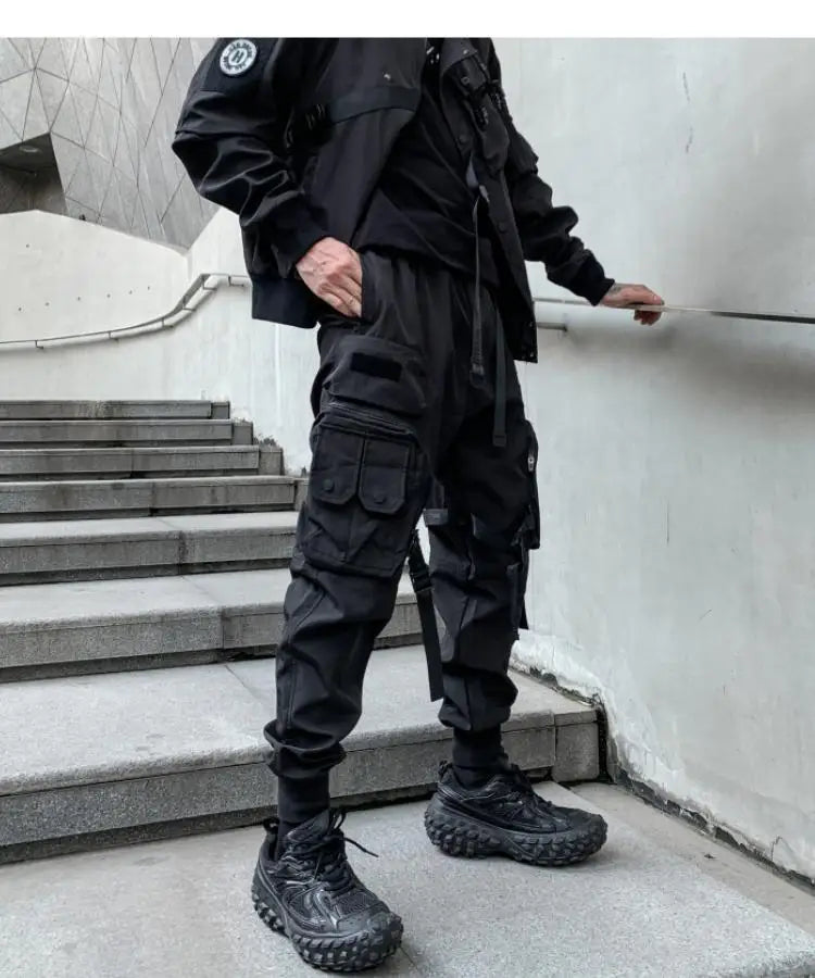 Multi-pockets Ribbons Bandage Tactical Techwear Cargo Pants Mens Harajuku Punk Hip Hop Joggers Pantalons Casual Streetwear