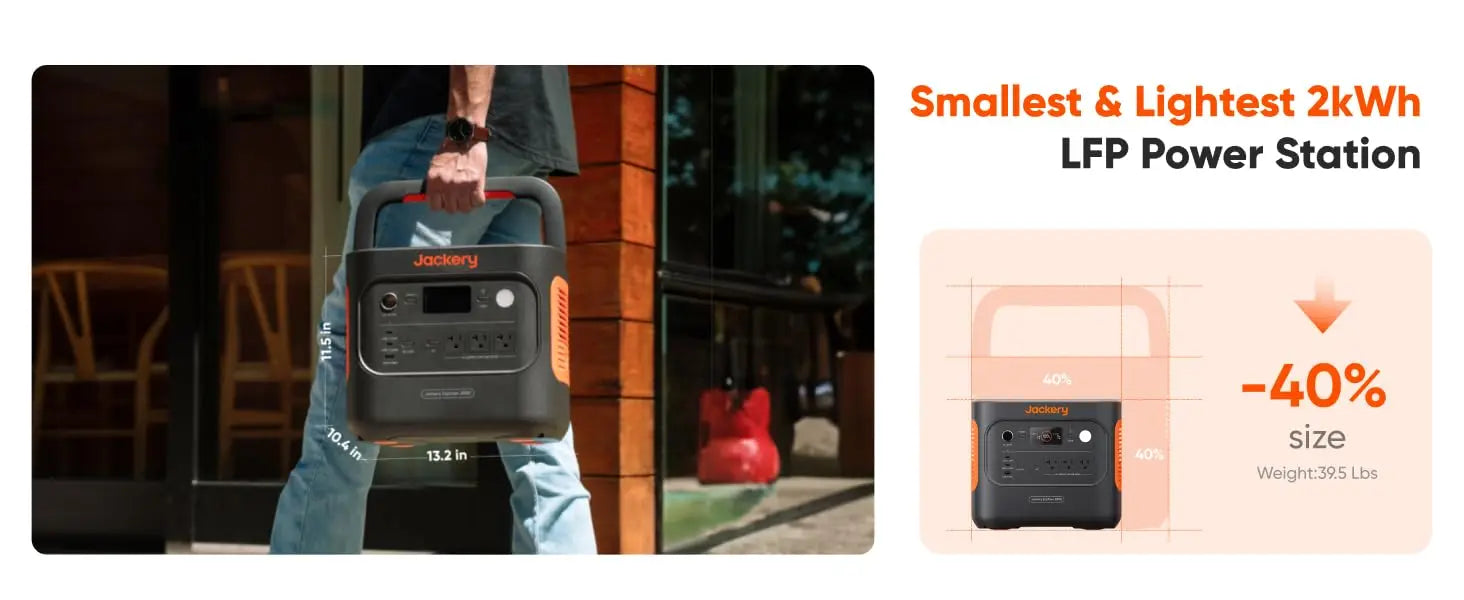 Jackery Explorer 2000 v2 with 12V Charging Cable,2200W output and 2040Wh of LiFePO₄ (LFP) capacity,5 years Warranty