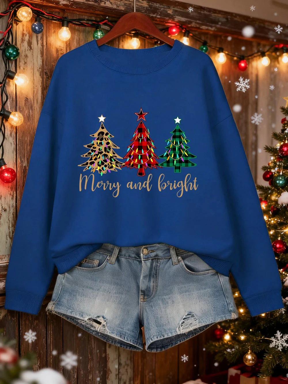 Merry Christma Funny Trees Printing Sweatshirt Women Loose Basics Hoodies Fleece Crewneck Clothes Winter Warm Woman Pullover