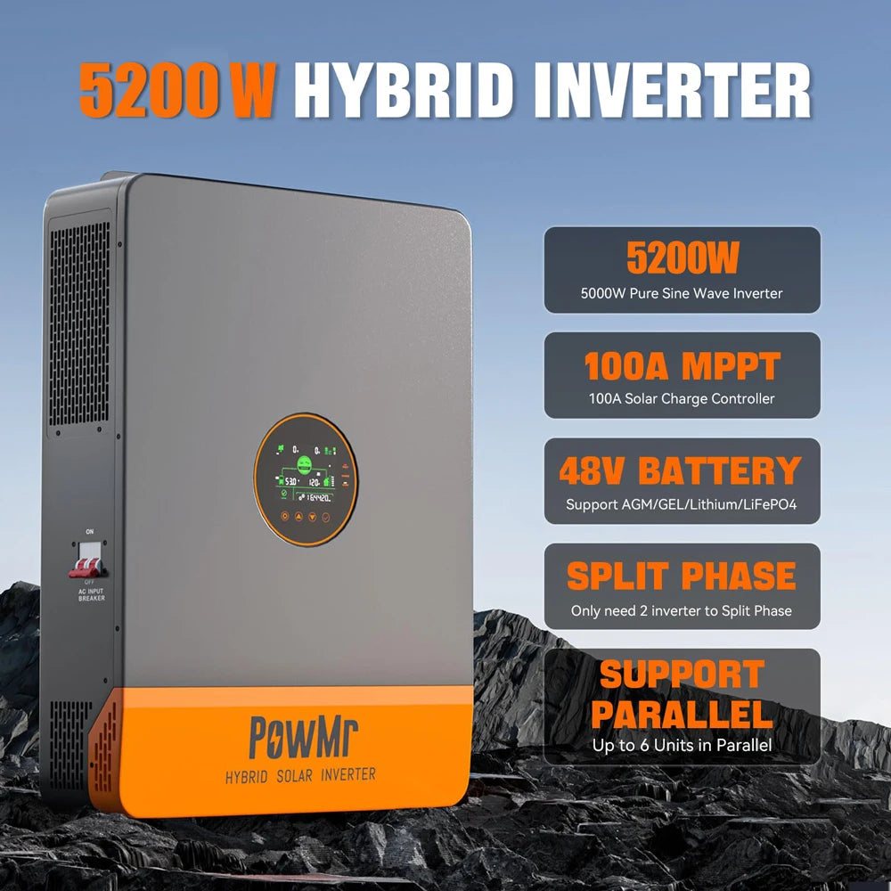 PowMr USA 5.2KW 48V 110Vac Hybrid Solar Inverter Can Split Phase 220Vac Output When Parallel Pure Sine Wave MPPT 100A PV 500Vdc