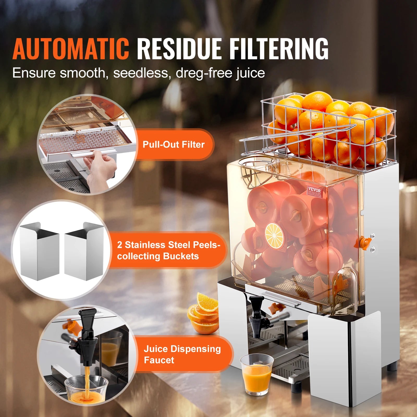 SucceBuy Commercial Orange Juicer Machine Juice Extractor with Water Tap Stainless Steel Orange Squeezer