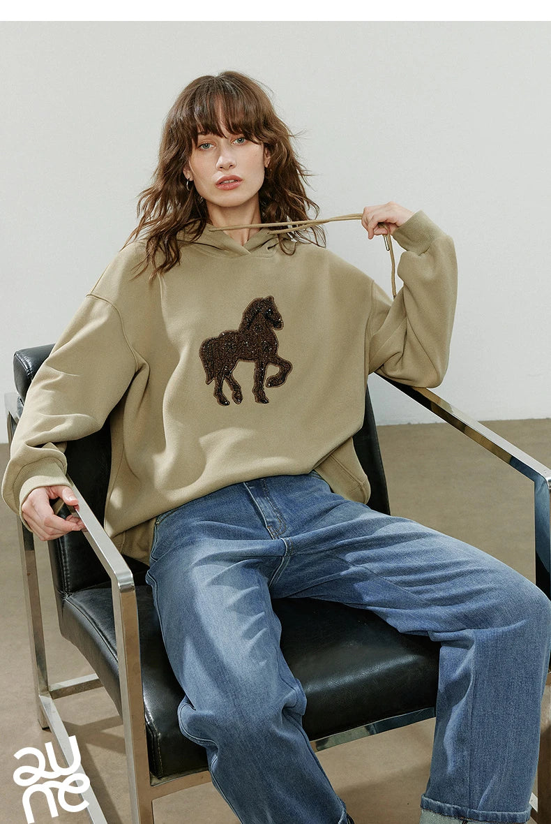 TOYOUTH Women Hoodies 2025 Winter New Loose Crew-neck Warm Applique Embroidery Tops