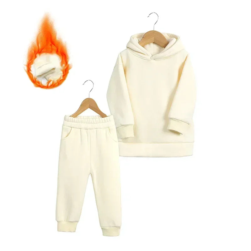 Children Fleece Winter Outfit Toddler Cotton Solid Hoodies Pullover Sweatshirt Pants Tracksuit Set Kids Boy Girl Warm Sweatsuits