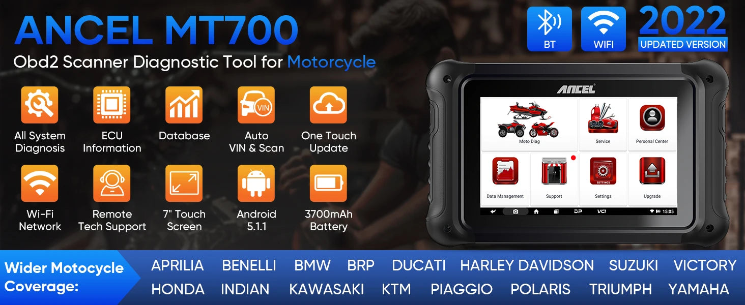 ANCEL MT700 OBD2 Motorcycle Scanner Full System Diagnostic Tool  Oil Reset ABS Bleeding ECU Coding Active Test for Motorcycle