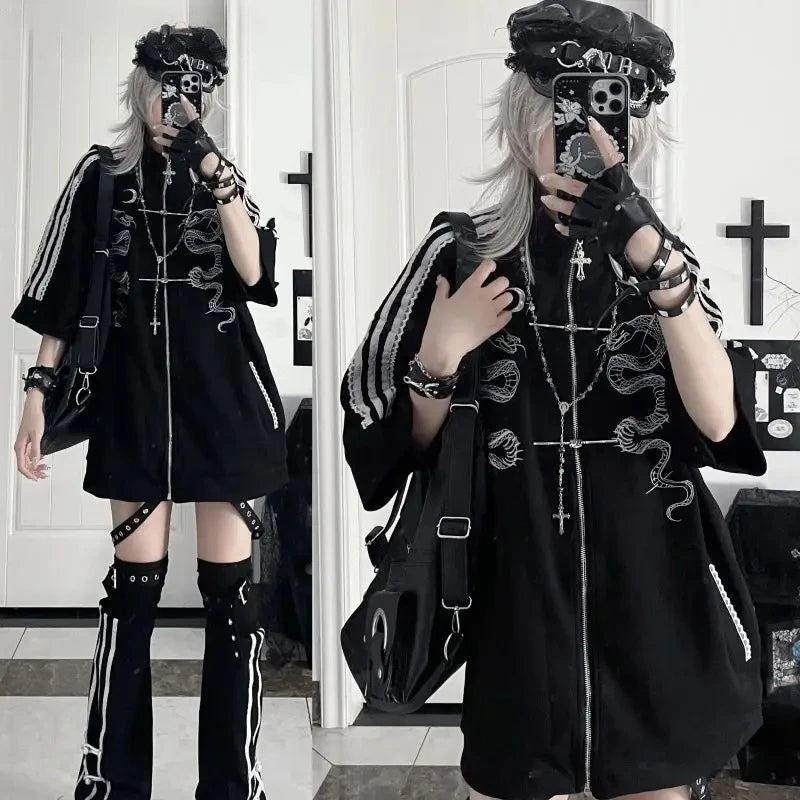 Y2K Harajuku Streetwear Hoodies Coat Women Print Zipper Short Sleeve Sweatshirts Casual Fashion Oversized Hoodie Punk Tops New