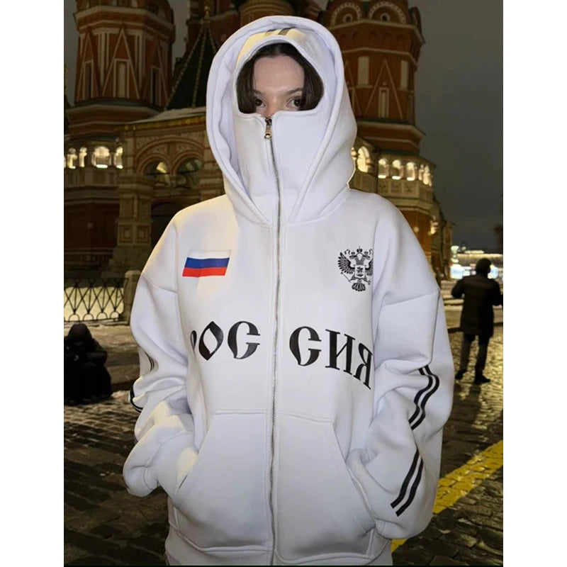 Y2K Clothes Men's Hip Hop Autumn Russia Hot Sale Vintage Double Zip Hoodies Lettering Graphic Hoodies Sweatshirts Casual Jacket